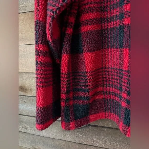 Vintage Plaid Fleece Jacket Red Black Faux Fur Collar Zip Front Size S - Picture 8 of 10